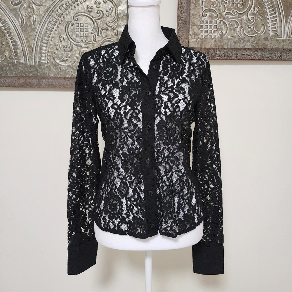 Olivaceous Dark Romantic Black Lace Button-Up Blouse Medium Whimsigoth Office